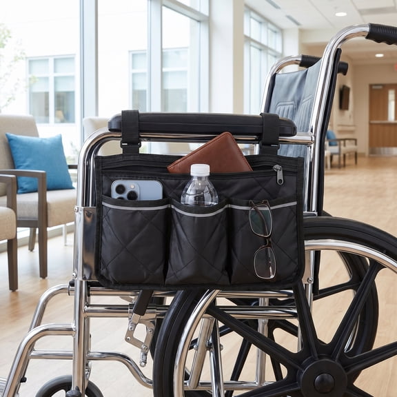 Walker Bags with Attachment, Heavy Duty Wheelchair & Stroller Armrest Organizer, Large Capacity Pouch with Zipper & Reflective Pockets 