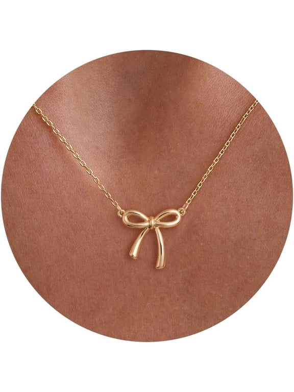 Gold Necklace for Women - Bow Necklace 14K Gold Plated Dainty Cubic Zirconia Bow Necklace Small Bow Necklace Trendy Necklaces for Women Minimalist Jewelry