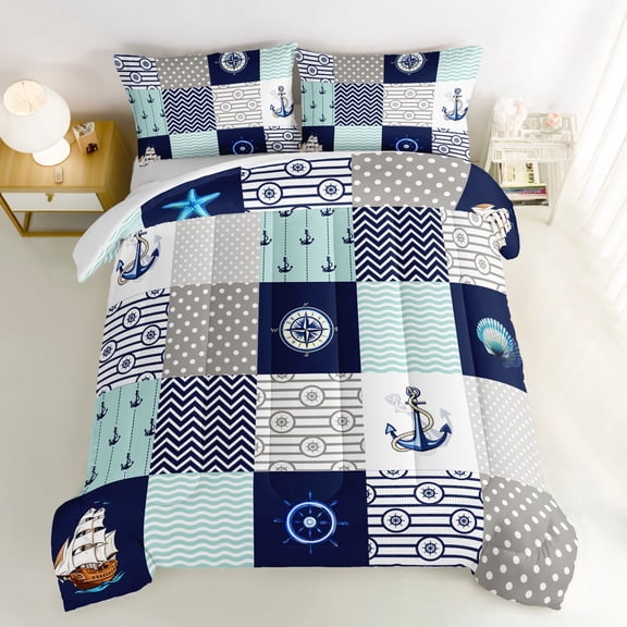 Nautical Comforter Set Queen,Plaid Patchwork Ocean Themed Navy Blue Bedding Sailboat and Anchor Print Kids Bedding Set for Boys Adult Kids Girls.