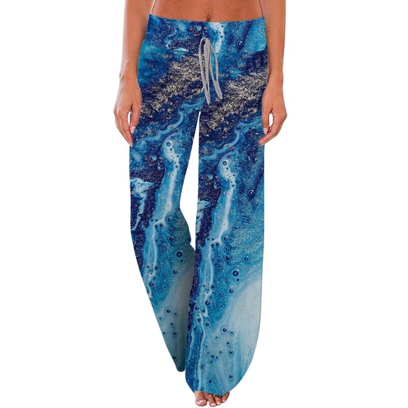 Kayannuo Wide Leg Pants for Women Christmas Women Ladies Summer Printings Drawstring Wide Leg Pants Leggings Blue