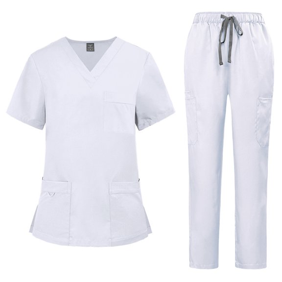 VV AVEORS 2 Pcs Scrubs Sets For Women Stretch Wide Leg Pants & V-Neck Short Sleeve Tops Cargo Pants Medical Scrub Sets White M