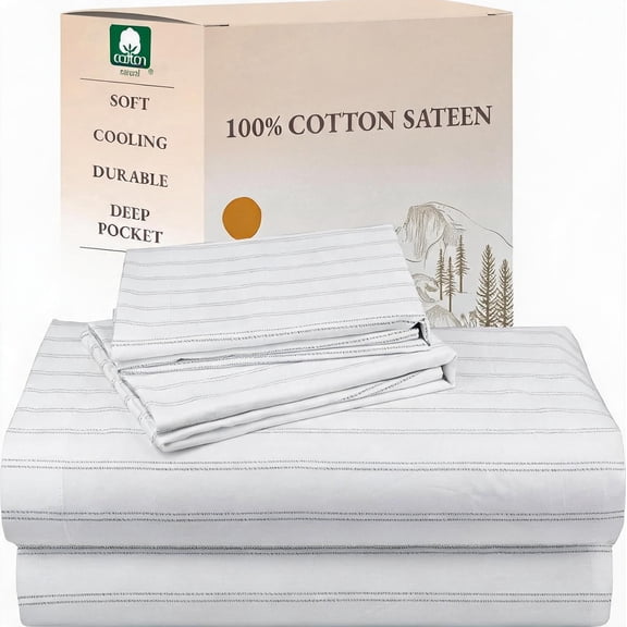 100% Cotton Sateen Queen Sheet Set with Classic Stripe Print 14 Inch Deep Pocket All-Around Elastic