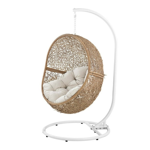 Swing Lounge Chair, Beige, Rattan, Wicker, Outdoor Patio Balcony Cafe Bistro Garden Hospitality Restaurant, Modern Contemporary HB34629