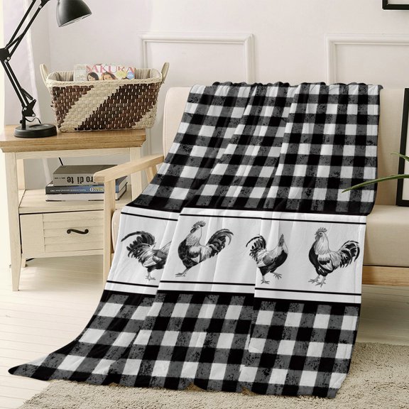 Flannel Fleece Throw Blanket, Watercolor Black Buffalo Check Soft Warm Fuzzy Cozy Blanket for Couch Bed Sofa Office, Rustic Cock Minimalist Plaid 40x50in
