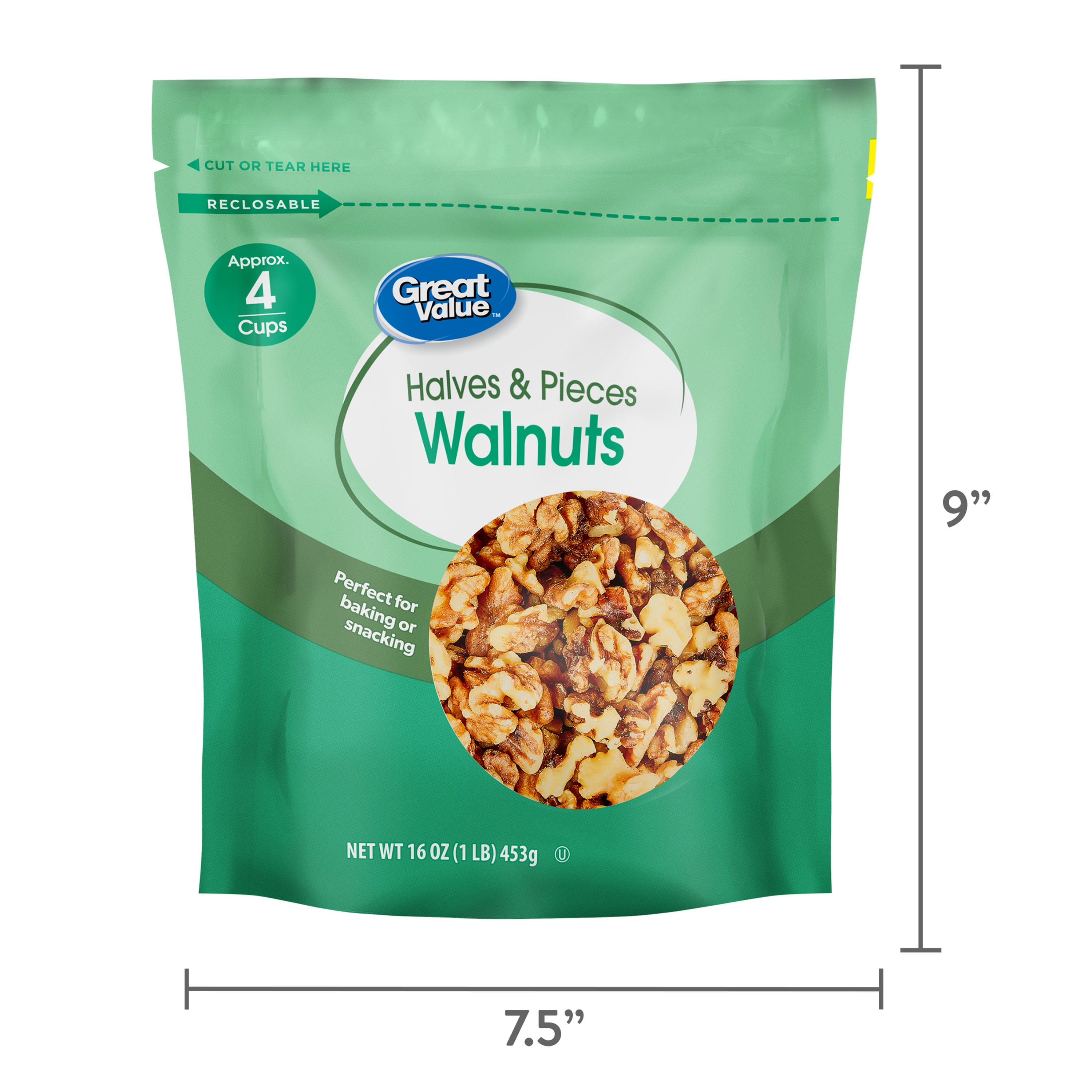 Great Value Walnuts Halves & Pieces, 16 oz, Resealable Bag, Great