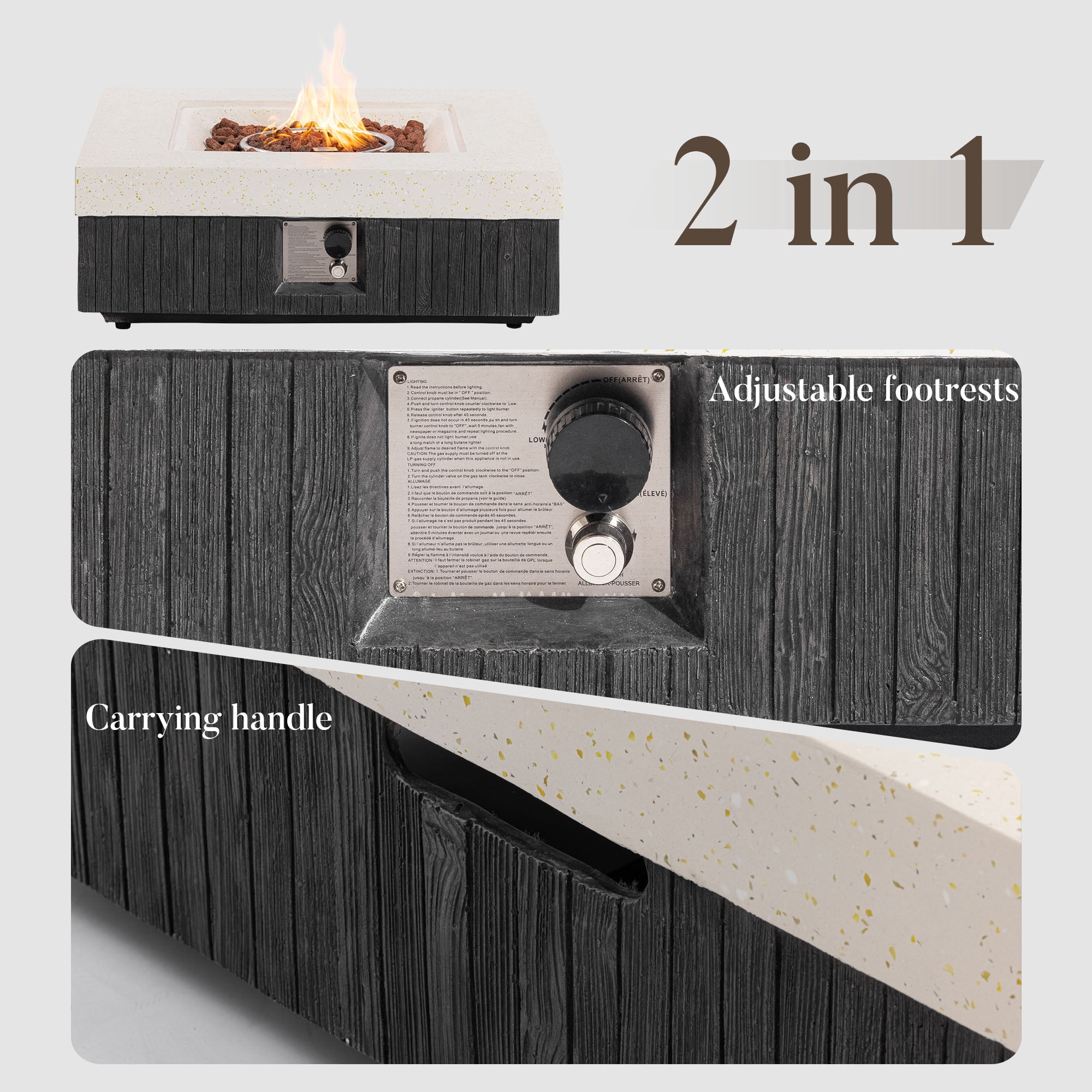 VENTOPYR 35" Square Dual-Texture Concrete Fire Pit Table with Cover & Lava Rocks​​