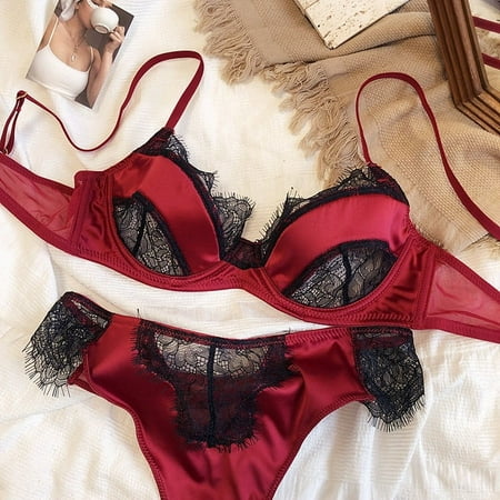 HHH New Lace Sexy Lingerie T-Shaped Panties Satin Stitching Transparent Tempting Sexy Bra Set French Bra