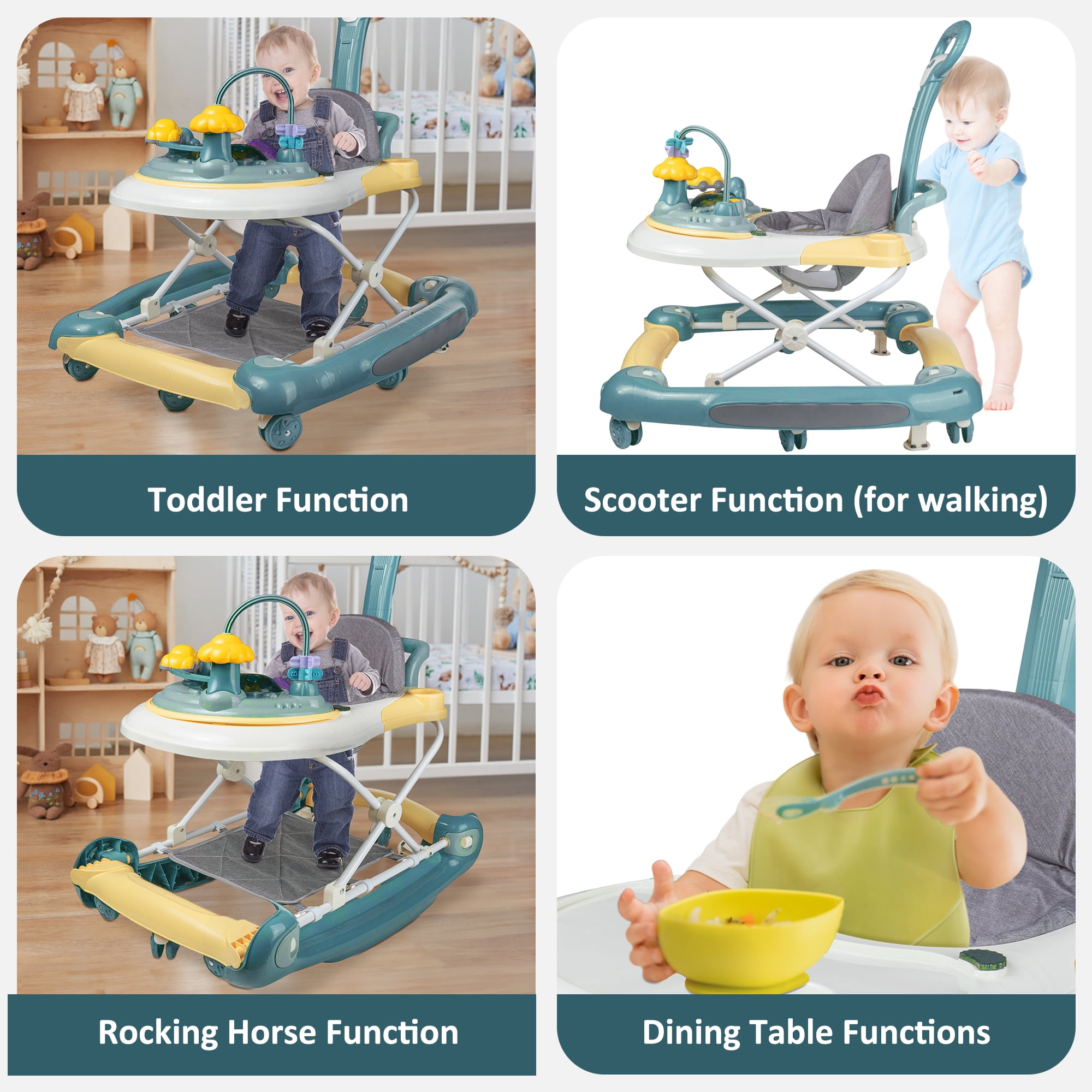 SIMANLI Baby Walker, 4 in 1 Foldable Walkers with Wheels & Removable Feeding Tray & Music Tray, Activity Push Walker for Baby Boys / Girls, Blue
