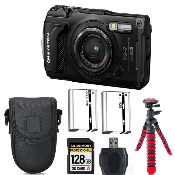 Olympus OM SYSTEM Tough TG-7 Digital Camera (Black)   Extra Battery  Tripod   Case -128GB Kit (International Version)