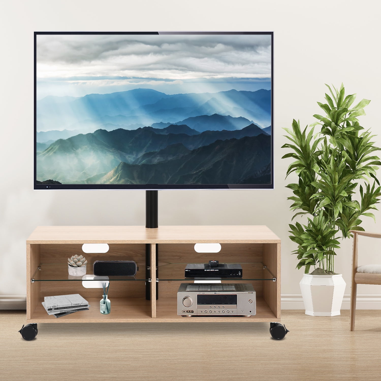 Rustic Oak Wood TV Stand for TVs up to 65 inch White Oak Finish