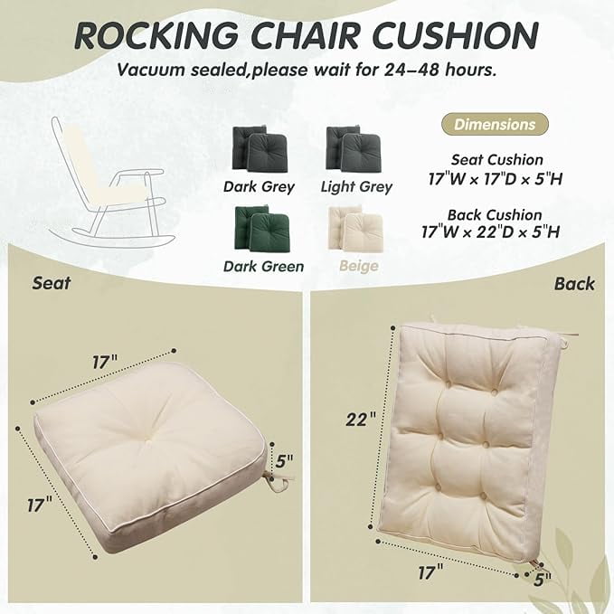 Parojati 22*17*5/17x17x5 Memory Foam Non Slip Rocking Chair Cushion, Set of Thicken Seat & Back Chair Cushions for Indoor/Outdoor Rocke,Waterproof Thicken Durable Tufted Pads,2 Piece, Beige