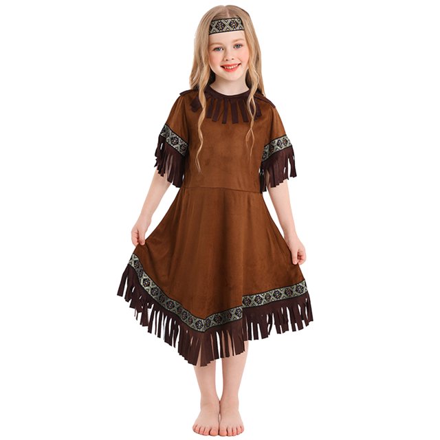 LUOGENLI Robe Enfants Filles Jupe à Franges Primitive Scène Performance Ensemble de Vêtements pour Enfants 3 Pcs Robe Maxi pour Filles Grande Taille Café 14-16 Ans