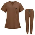 thumbnail image 2 of Minjewel VIAOLI Women's V-Neck Short Sleeve Scrubs for Women Set with Pockets, Comfortable & Professional Scrub Set for Healthcare Workers,Brown S, 2 of 7