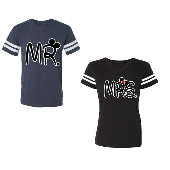 New Mr Mrs Unisex Couple Matching Cotton Jersey style T-Shirt Contrasting stripes on sleeves (Men Navy / Women Black) (Men S / Women S)