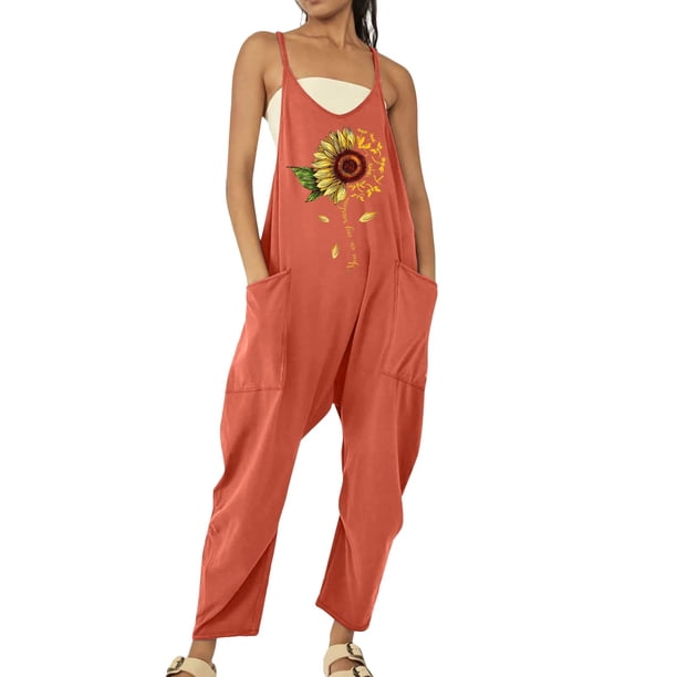 Gibobby pantalones siameses de pierna ancha Mono informal sin mangas para mujer, mono con cuello de y tirantes finos, pantalones largos elásticos, mono con dos bolsillos(Rosa, M)