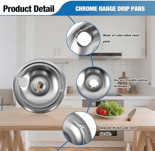 WB31T10010 WB31T10011 Chrome Drip Pans Set (4 Pack) - 2x6" & 2x8" Replacement for GE, Hotpoint, Kenmore Electric Stoves with Locking Slot - Chrome Plated Steel Burner Bowls