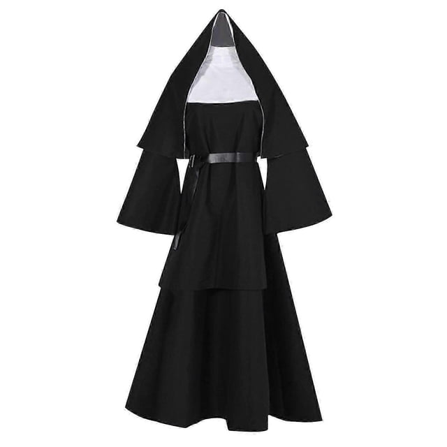 Halloween Nun Cosplay Costume 4-Pieces Set Nun Costume + Cape + Belt + Necklace Cosplay Costume-