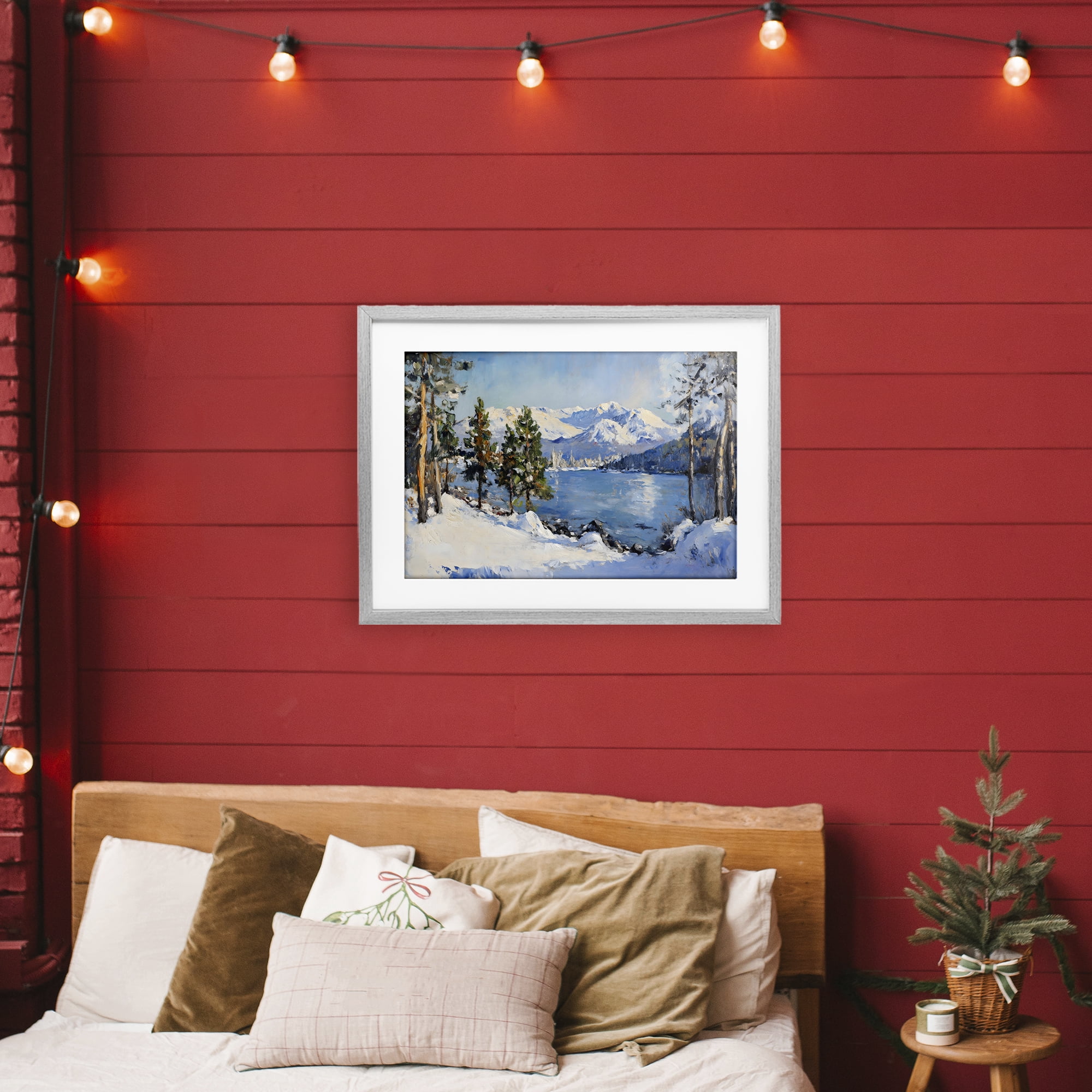 Winter Mountain Lake Gray Framed Print Under Glass, design by Petal Prints Design