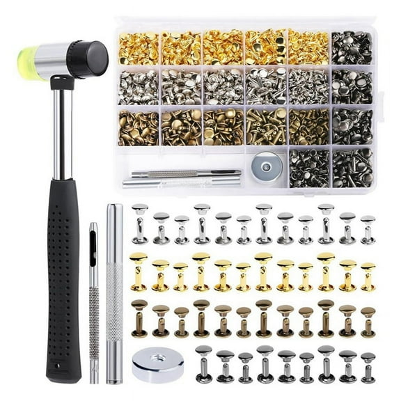 Leather Rivets, 600 PCS Multicolor Double Cap Rivet Kit with Hollow Punch,Punch Tool and Rubber Harmmer