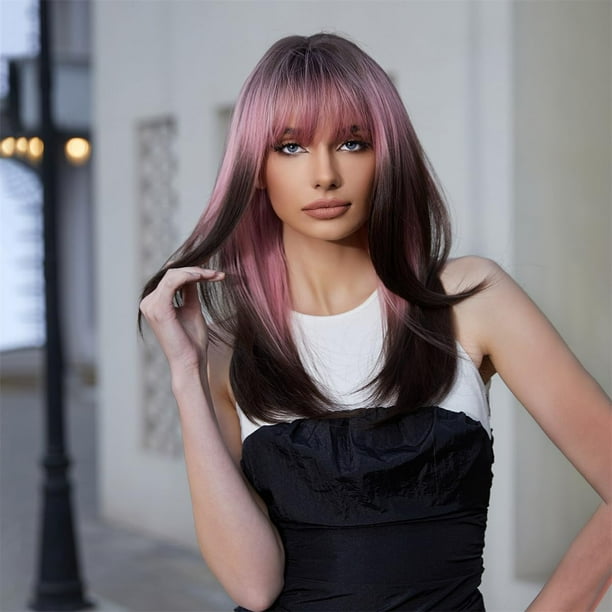 Pelucas largas para mujer, peluca en capas con flequillo, pelo largo y liso, pelo sintético hasta los hombros, pelucas térmicas (negro y rosa)