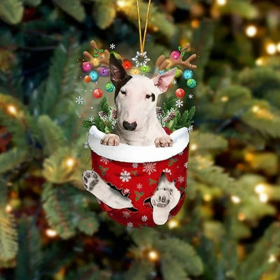 Acrylic 2D FLAT Bull Terrier In Snow Pocket Christmas Ornament