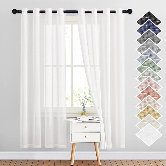 White Sheer Linen Curtains Flax Texture for Bedroom, Vintage Grommet Top Semitransparent Privacy Window Treatment Light Filtering for Living Room / Flat, W52 x L72, Set of 2