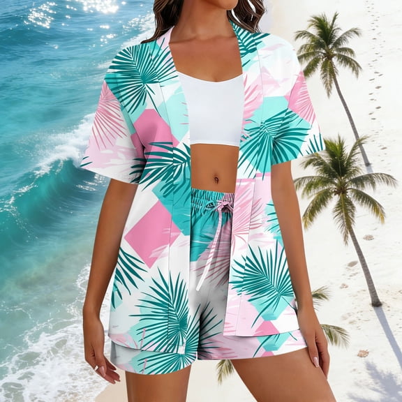 Mifsaly 2 Piece Sets for Women Summer Vacation Matching Outfits Tropical Print Open Front Oversized Cardigans Elastic Waist Drawstring Beach Shorts 2026 Casual Travel Fashion Clothing