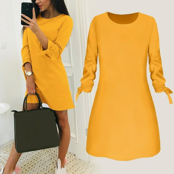Cheers Robe Courte Ample Décontractée de Voyage et de Bureau pour Femmes, Couleur Unie, Nœud, Manches 3/4, Col Rond