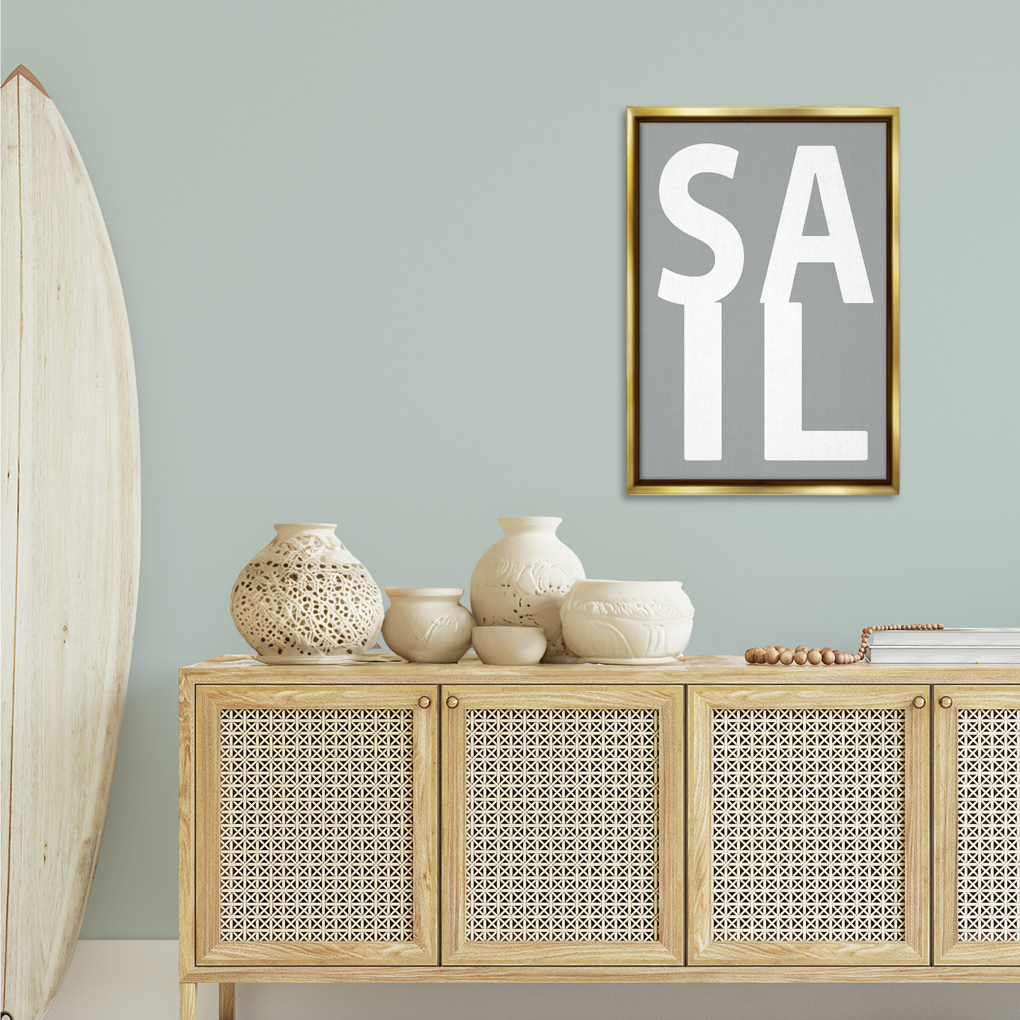 Stupell Industries Sail Word on Grey Typography Painting Gold Floater Framed Art Print Wall Art, 21 x 31
