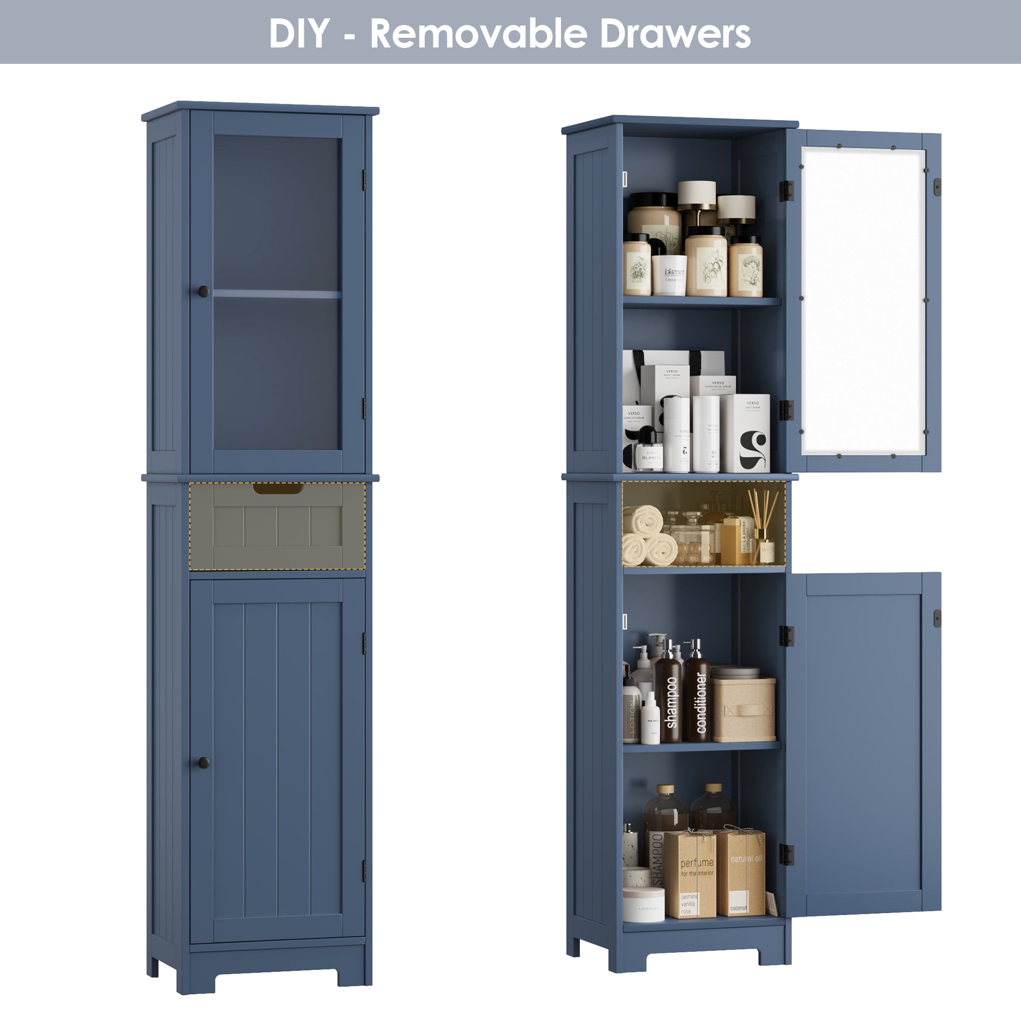 Homfa Bathroom Storage Tower, Narrow Linen Cabinet with Door and Drawers, Tall Bathroom Storage Cabinet for Small Spaces, Blue