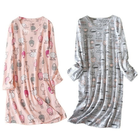 

FEREMO Women s Sleepwear Knitted Cotton Sleep Shirts Cute Cartoon Cozy Long Sleeve Sleep Dresses 2 Pack Home Wear