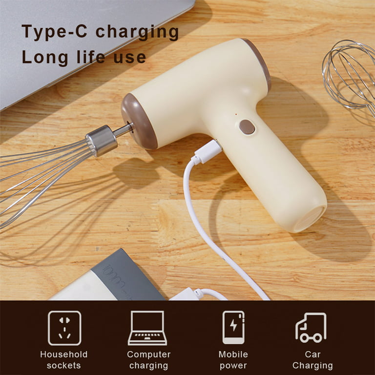 Cordless Electric Whisk - Hand Mixer Portable Handheld Electric Mixer with 3-Speed Self-Control, 304 Stainless Steel Beaters & Balloon Whisk, for