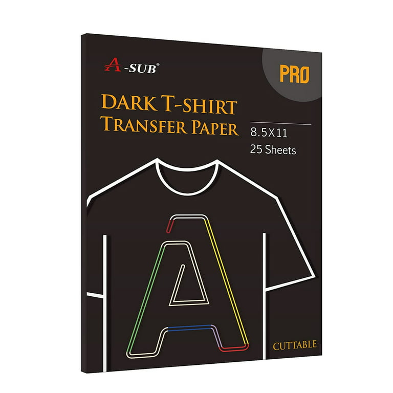 A-sub Pro Inkjet Iron-On Dark Transfer Paper for Fabrics 8.5x11 25 Sheets, Printable Heat Transfer Vinyl Paper for Dark/Black T-shirts Work with