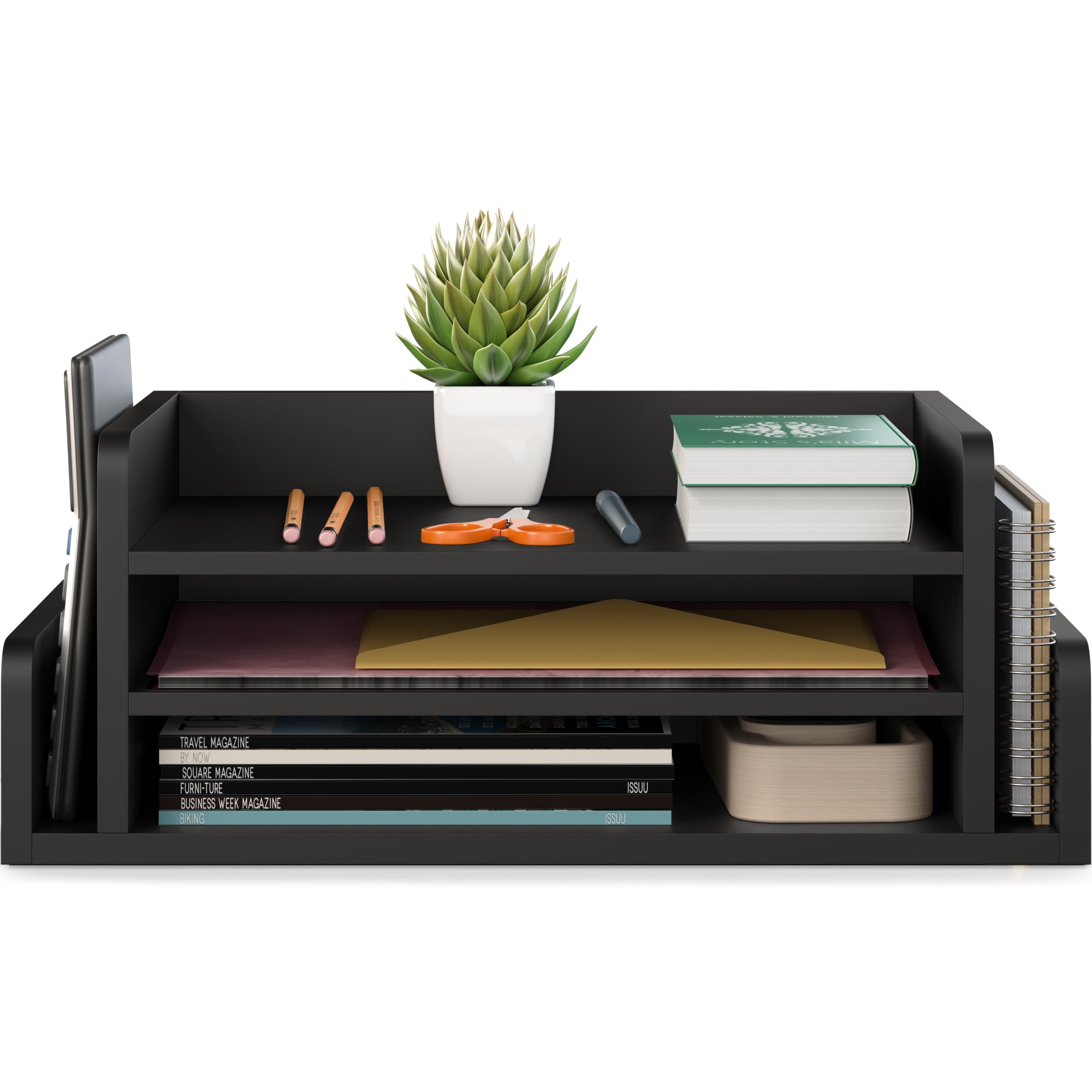 Ballucci 3-Tier Desk Organizer with 2 Side Mail Sorter Slots, Office Letter Tray, Black