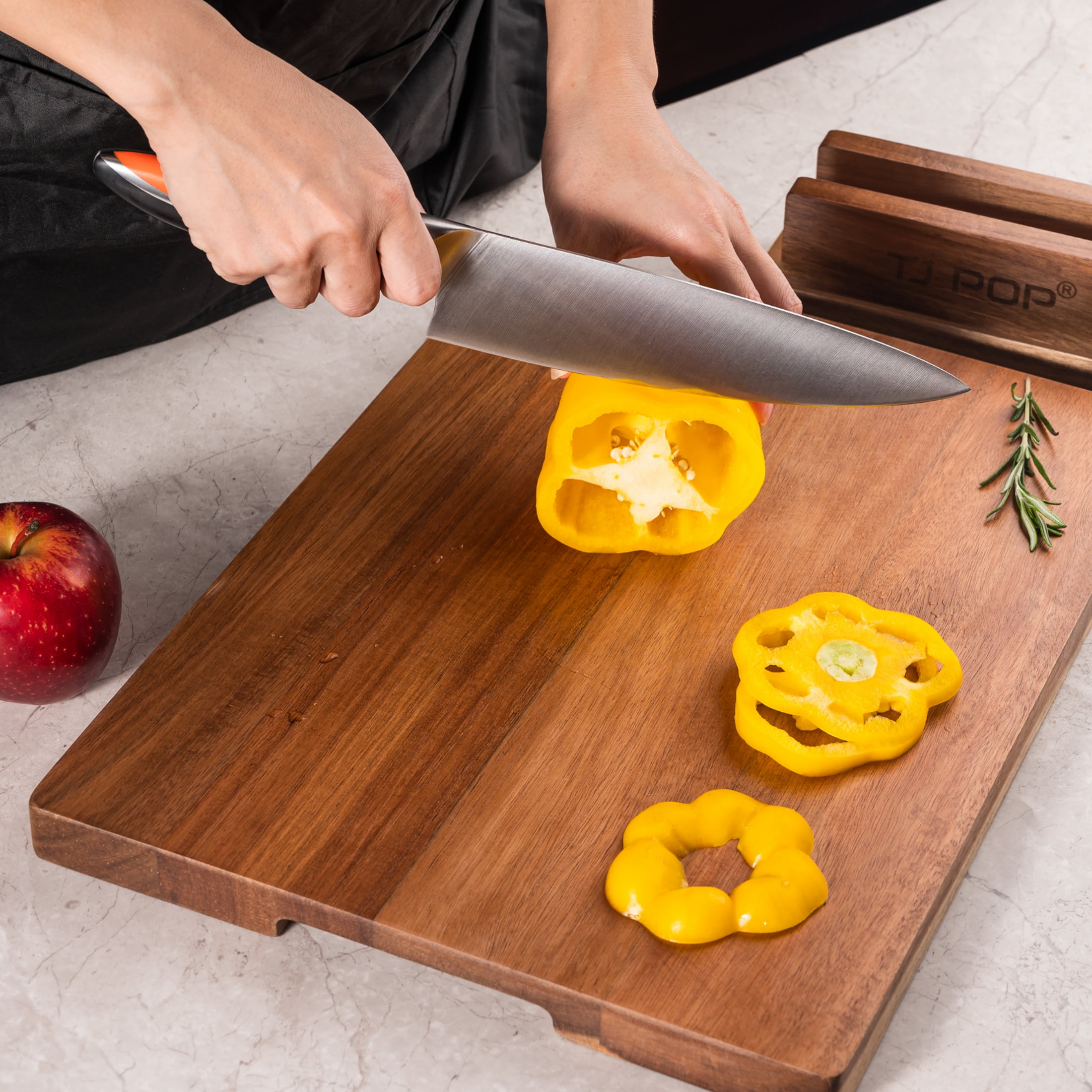 TJ POP Acacia Wood Chopping Board for Kitchen, Premium Wooden Cutting Board with Stand Organizer and Built-in Handles, 16 X 12 X 1 in