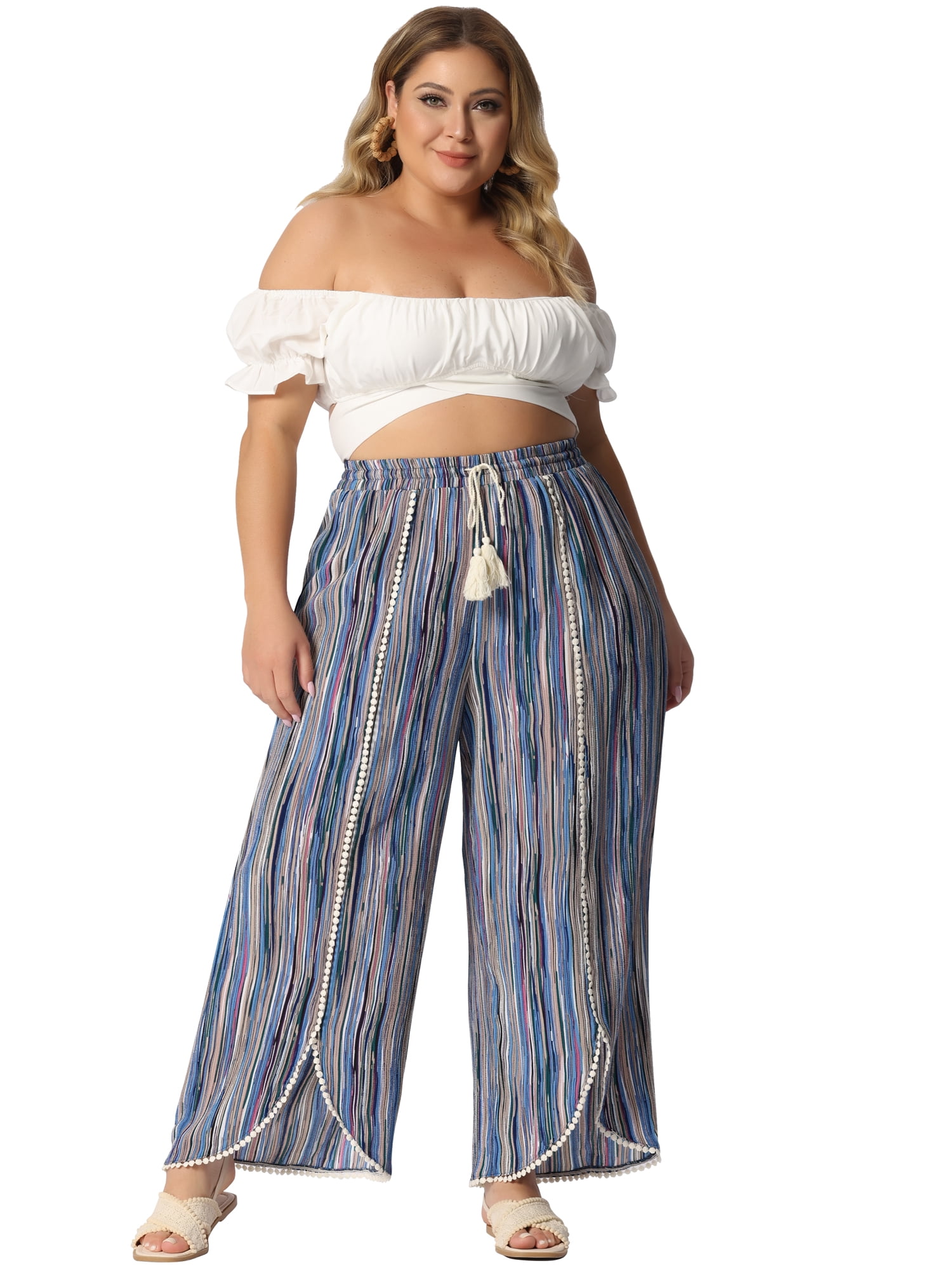 DARING DIVA Women's Plus Size Elastic Waist Flowy Striped Wide Leg Pant 2X Blue