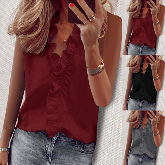 HAPIMO Women's Loose Ruffle Tank Tops Sleeveless Workout Shirts Elegant Casual Tops Trendy Solid Color V Neck for Teen Girls Summer Beach Tees Black Clearance