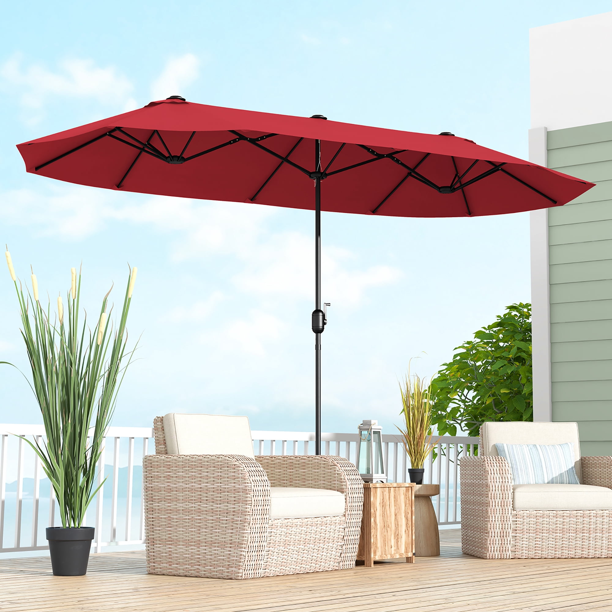 Gymax 13FT Double-sided Patio Umbrella w/ Crank Handle Umbrella Base Safety Lock Wine