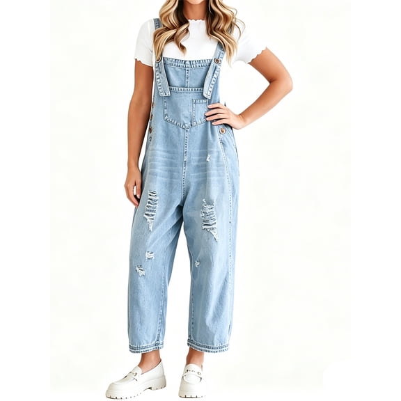 Sleeveless Women Casual Denim Jumpsuit Loose Wide Leg Jeans Oversall Bib Pants