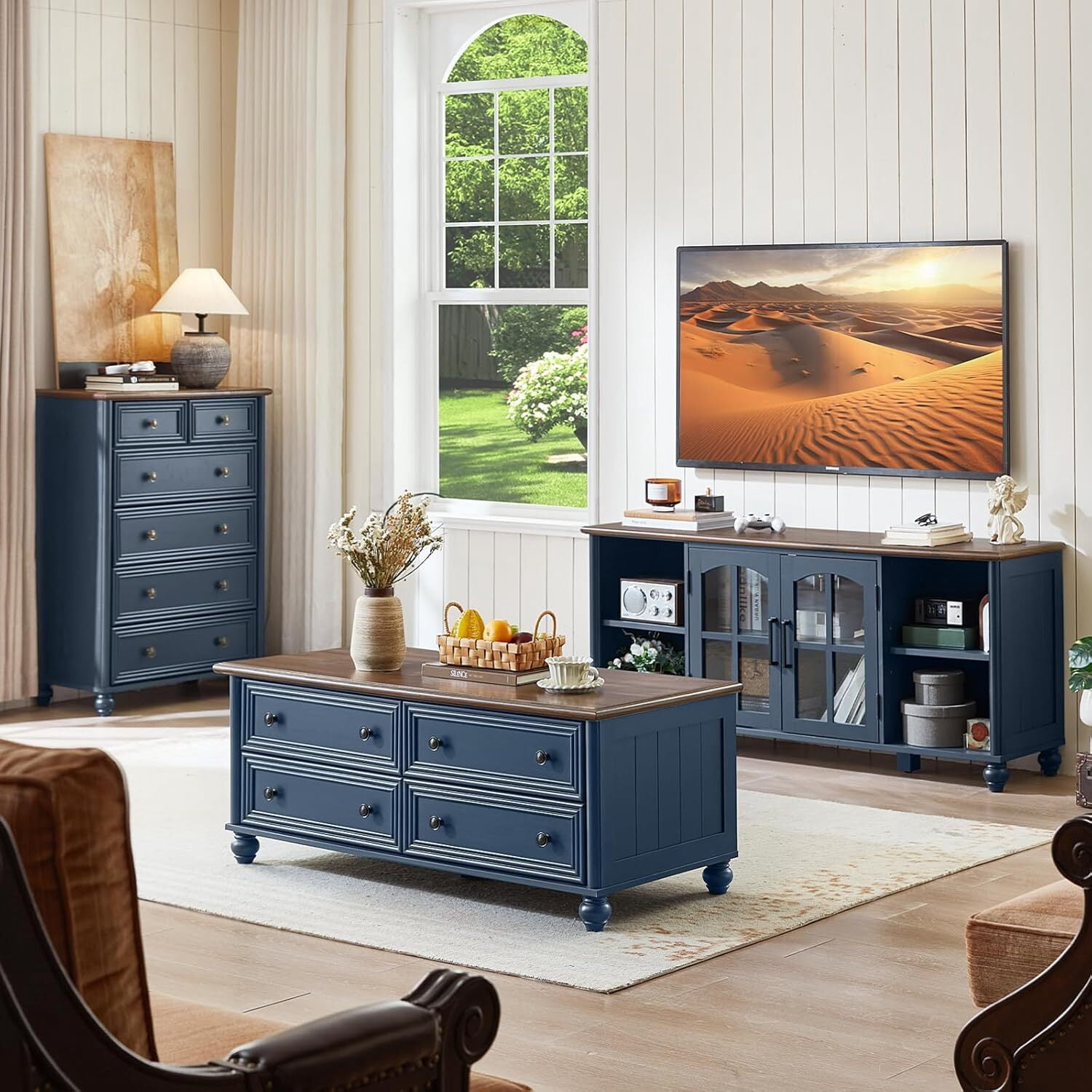 Leyaoyao 48" Farmhouse Coffee Table with Hidden Storage, 4 Drawers &Roman Column Knobs,Rustic Center Table with Wood Curved Legs for Living Room,Blue