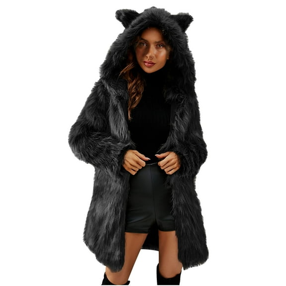 Fesfesfes Coat for Womens Ladies Warm Faux Furry Coat Jacket Winter Solid Hooded Outerwear On Sale