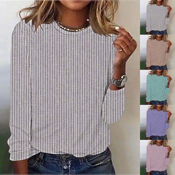 DDAPJ pyju Womens Long Sleeve Striped Shirt Fall Casual T-shirts Lightweight Crewneck Pullover Tops Ofertas de la semana Purple S