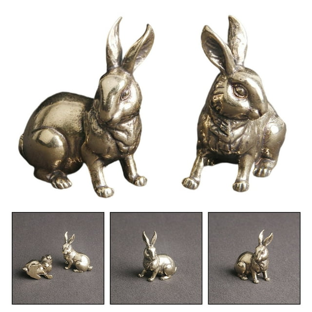 2Pcs Adorable Brass Rabbit Craft Retro Rabbit Figurine Delicate Rabbit Adornment for Office