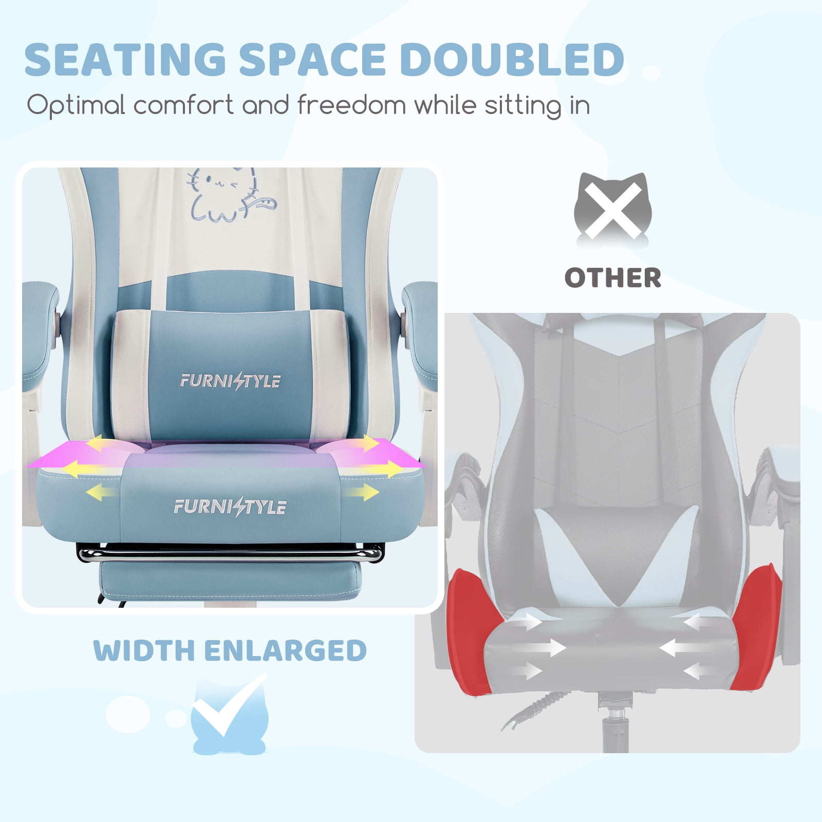 Falvinoryn Cute Gaming Chair, Ergonomic Computer Chair with Cat Ears for Girl, Lumbar Support and Headrest, Reclining Game Chair with Footrest. Blue