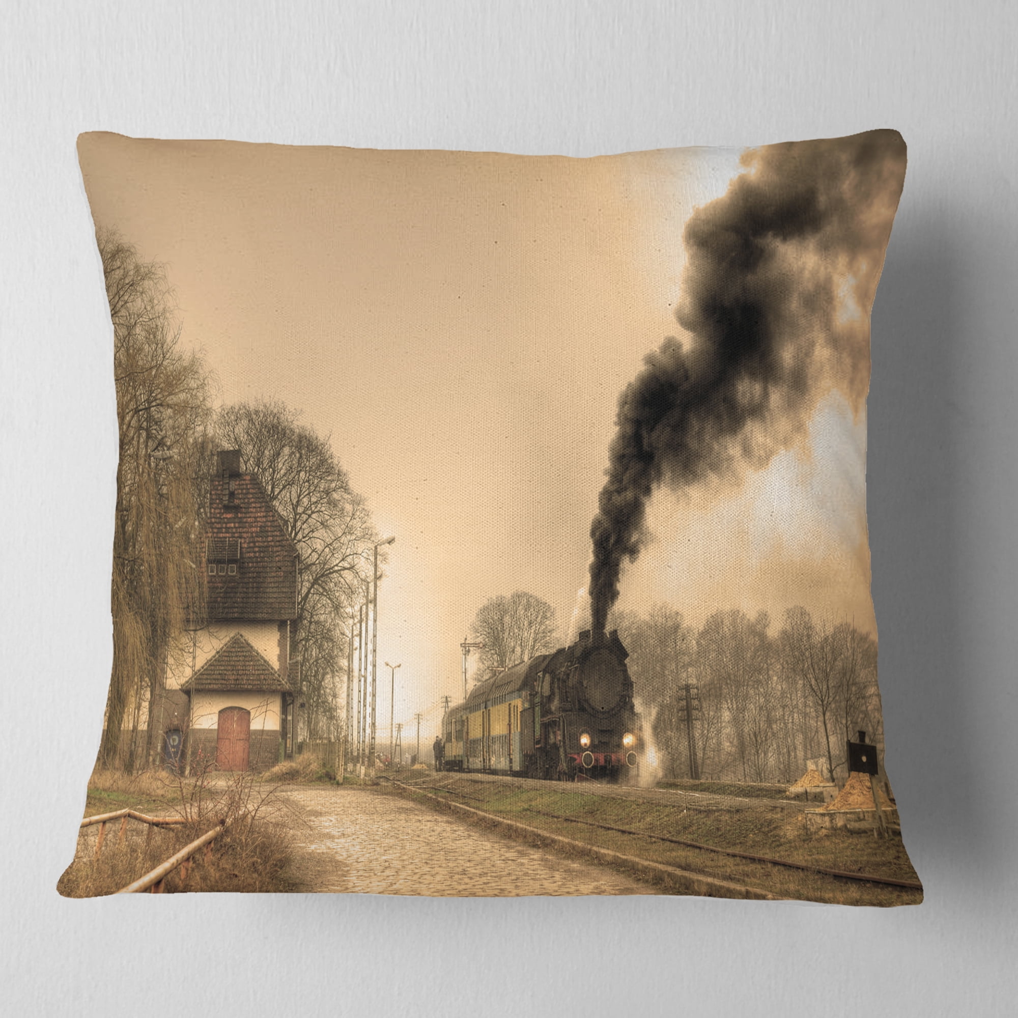 Designart Retro Steam Train - Landscape Photography Throw Pillow - 18x18