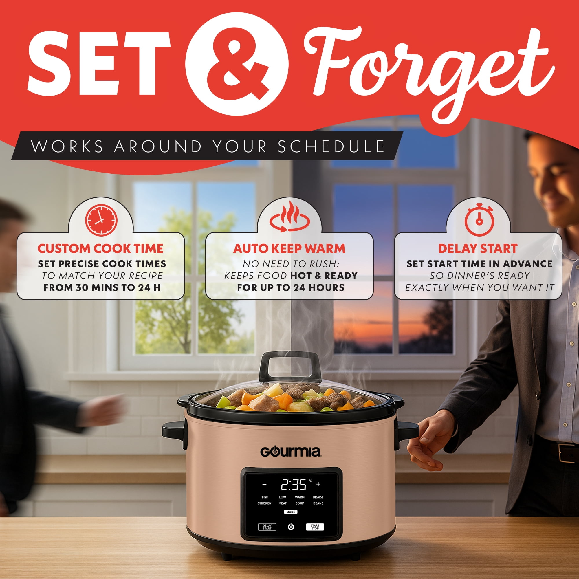 Gourmia 4.5 QT Programmable Slow Cooker, 5 Presets, Keep Warm, Peach