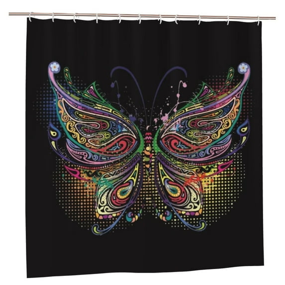 JOOCAR Waterproof Shower Curtains Sets for Bathroom Accessories with Creativity Art Black Colorful Butterfly Printed,Beautiful Wide Fabric Toilet Curtain for Bathtub 72X72 Inch with 12 hooks