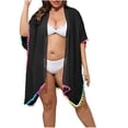 thumbnail image 2 of KIHOUT Women's White Pom Pom Trim Beach Cover Up | Plus Size Kimono Swimsuit Cover Up with Rainbow Tassels for Vacation & Casual Wear, 2 of 6