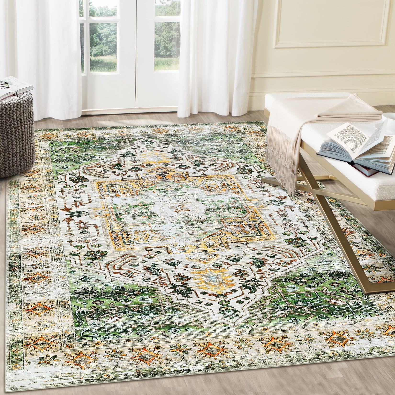 Hasoo Large 9' x 12' Vintage Area Rug for Living Room Bedroom Washable Floral Carpet, Green