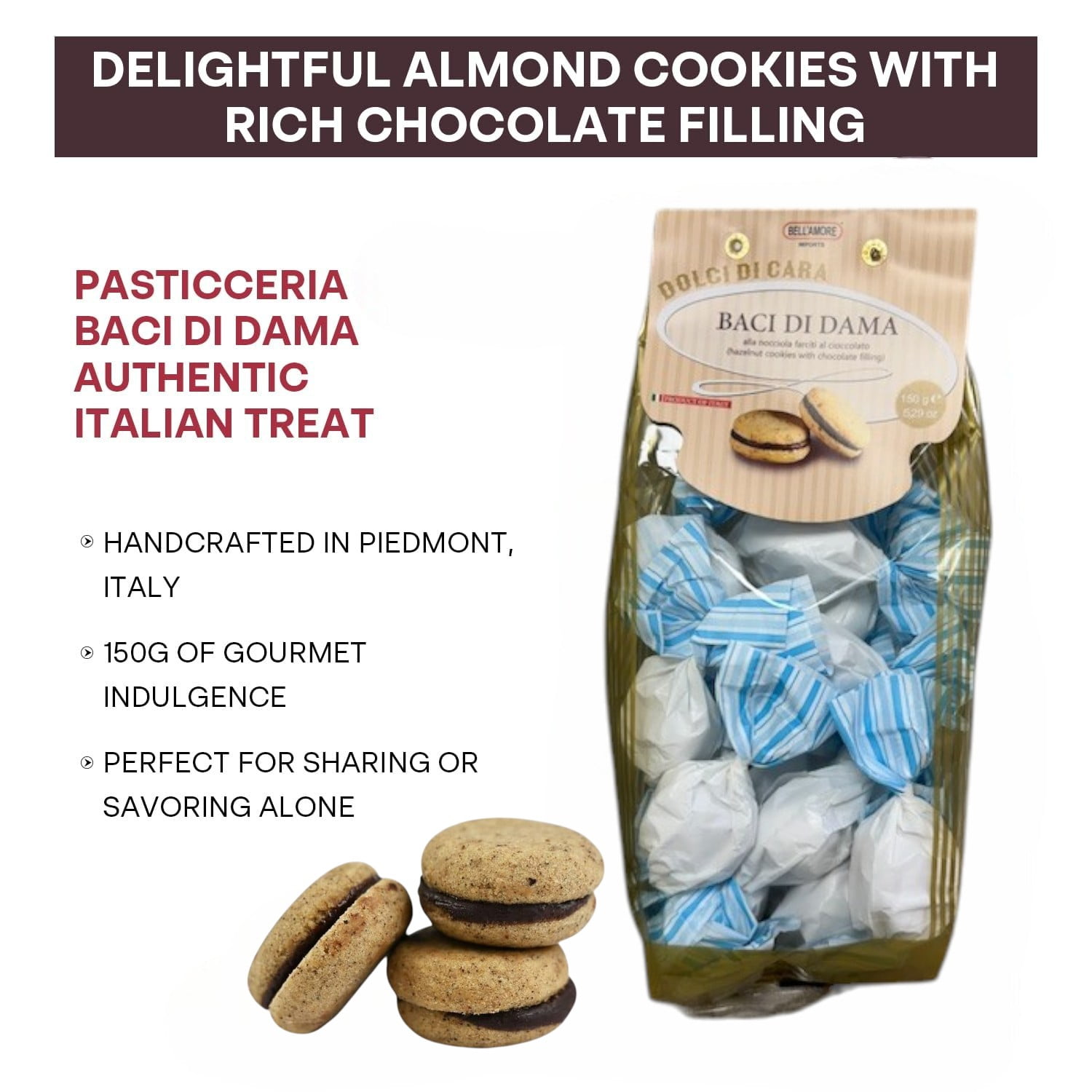 Italian Amaretti Cookies, Soft Almond Cookies Filled with Rich Chocolate Cream, 300g (2 x 150g bags), Made in Italy - Baci Di Dama